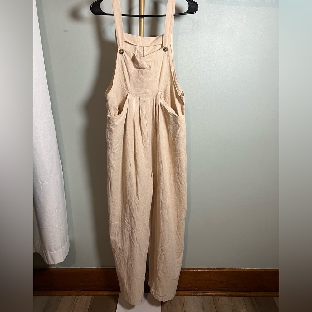 Tan Sheath Bib Overalls with Square Neck and Sleeveless Design